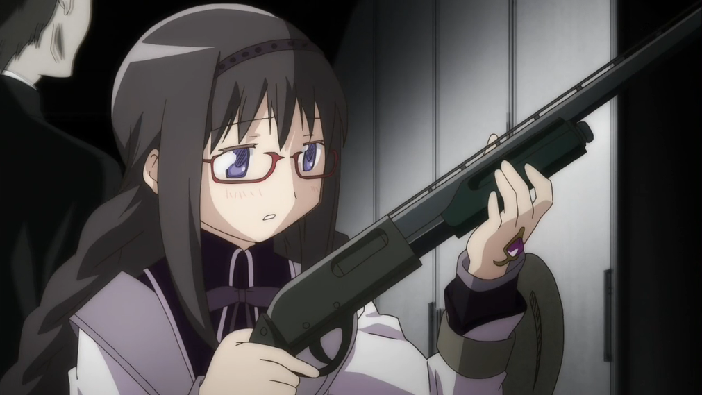 Innocent schoolgirl Homura holds a large rifle.