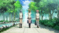 Sayaka walking to school with Madoka and Hitomi in Episode 1