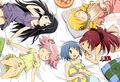 This official art seems to subtlety pair each girl with their respective partners (notice how Mami is alone)..Also..Can you see what is Kyoko seeing?,no,not only Sayaka,is something..