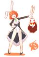 Lapin, in her Witch form, being held by Manaka, made by Masugitune, one of Puella Magi Tart Magica illustrators.
