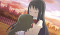 Homura comforts a crying Hitomi after she lets Sayaka confess to Kyosuke in the Bonus Route