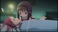 Homura aiding a sick Kyoko