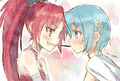 Yuupon's Nitro+ blog sketch of a Kyouko Sayaka pocky battle. This is a favorite among yurifans.